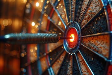 Close up of a dartboard with a dart hitting the bullseye