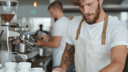 bartender in cafe,  barista, coffee shop, working, male, café, professional, coffee, apron, white shirt, tattoos, modern, casual, coffee machine, customer service, barista skills, coffee brewing