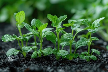 Obraz premium Lush green young plants growing in the rich soil of a garden bed