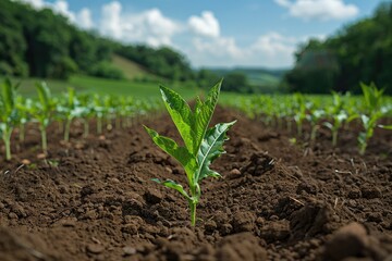 Lush green sapling stands out in a vast field of young tobacco plants