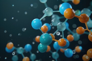 Abstract 3D rendering of a molecular structure with blue and orange atoms representing a scientific and futuristic concept on a dark background.
