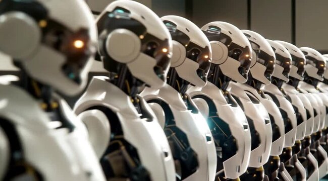 Row robot army scene, Take the video going around the object
