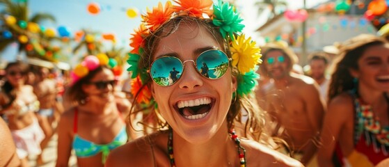 Family and friends in solidarity, laughing and celebrating at a lively street festival, realistic photo, high detail, cheerful setting