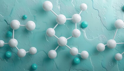 Abstract molecular model on a light blue surface representing scientific research, chemistry, and atomic structure.