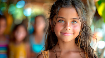 Fototapeta premium Portrait of a beautiful little girl with long hair and blue eyes