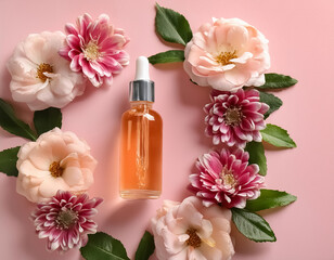 Radiant Beauty: Cosmetic Serum and Flowers on Pink Background