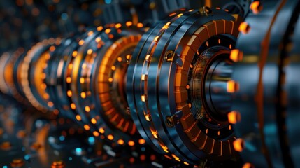 Fototapeta premium Close-up of futuristic machine with glowing elements and intricate metalwork, showcasing advanced engineering and technology.