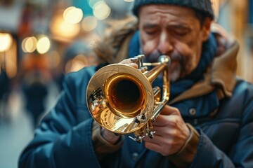 Obraz premium Close-up of a street musician playing a trumpet, filling the air with bright and powerful notes. The musician's cheeks puff as they blow into the instrument, creating a lively and energetic sound.