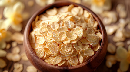 A bowl filled with oat flakes, surrounded by scattered oats. Top view