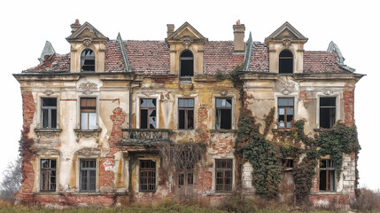 Fototapeta premium The old house is in a state of disrepair, with broken windows