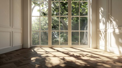 Fototapeta premium Spacious, empty room with sunlit walls and shadows cast by leafy trees outside. Cozy, warm atmosphere with wooden parquet flooring. Ideal for showcasing furniture or creating a relaxing ambiance. 