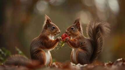 Fototapeta premium Cute squirrel offering a flower gift to its lover, fun wildlife, love and Valentine's day greeting card. mage of animal. copy space for text.