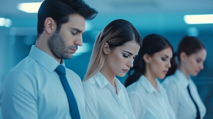 Colleagues sharing a moment of silence in the office, illustrating unity and affection in honor of a respected coworker, realistic photo, high detail, professional setting