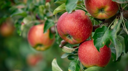 Obraz premium A bunch of red apples hanging from a tree