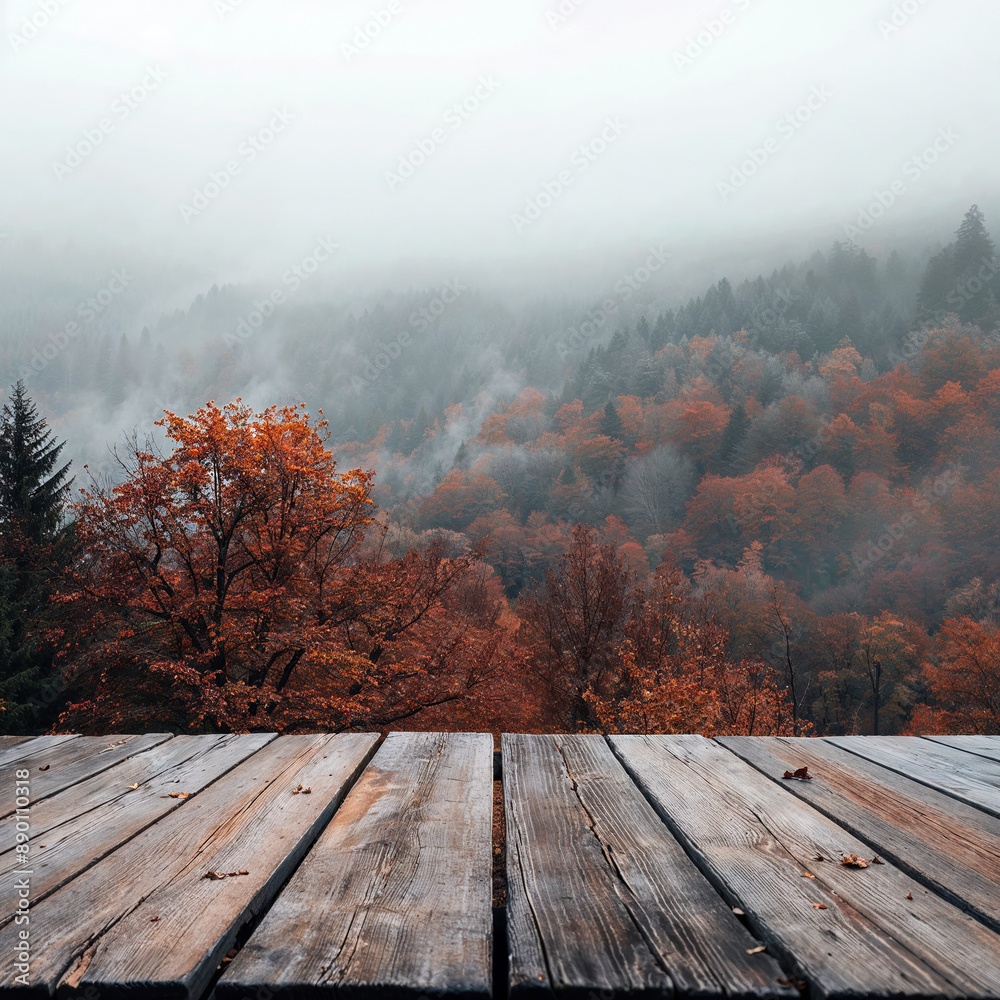 Poster empty wooden table in a misty autumn forest with colorful leaves, perfect for design projects. enjoy