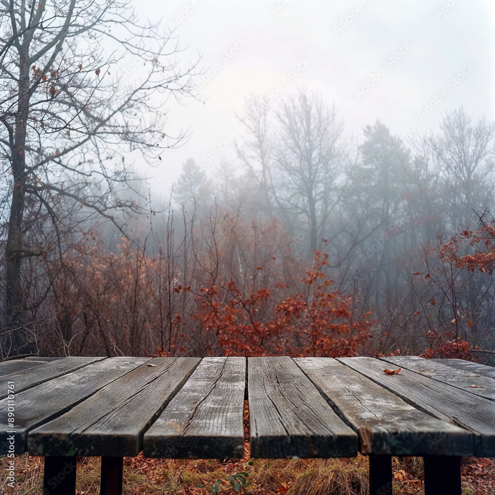 Aufkleber rustic wooden table providing space for product display against a backdrop of a misty autumn forest