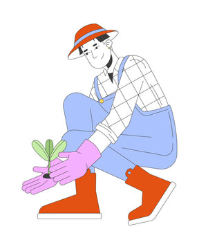 gardener planting seedling, orange hat, blue overalls clip art preview