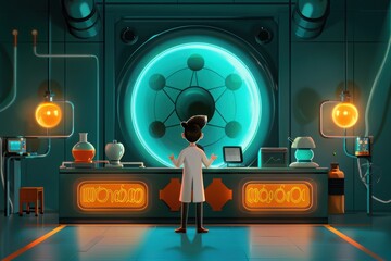 Scientist in a high-tech laboratory working on futuristic technology, surrounded by advanced equipment and glowing screens.