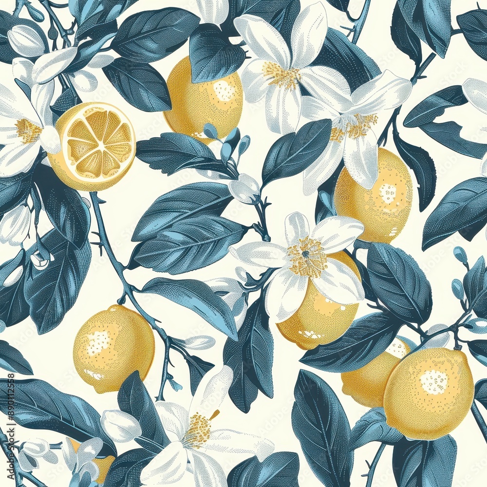 Wall mural seamless lemon pattern with flowers and leaves