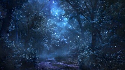 Enchanted nighttime forest landscape with celestial elements