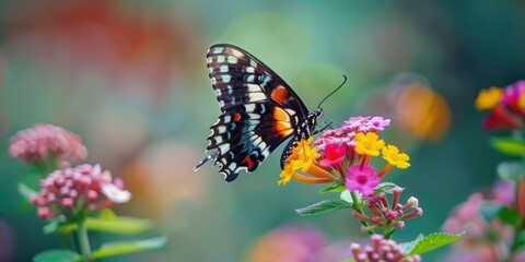 Fototapeta premium A detailed close-up of a beautiful butterfly perched on a brightly colored flower, with a soft-focus natural background.