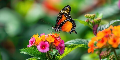 Obraz premium A detailed close-up of a beautiful butterfly perched on a brightly colored flower, with a soft-focus natural background.
