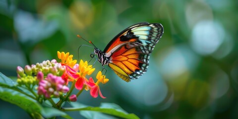 A detailed close-up of a beautiful butterfly perched on a brightly colored flower, with a soft-focus natural background.