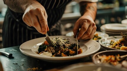 Chef garnishing exquisite plate of food