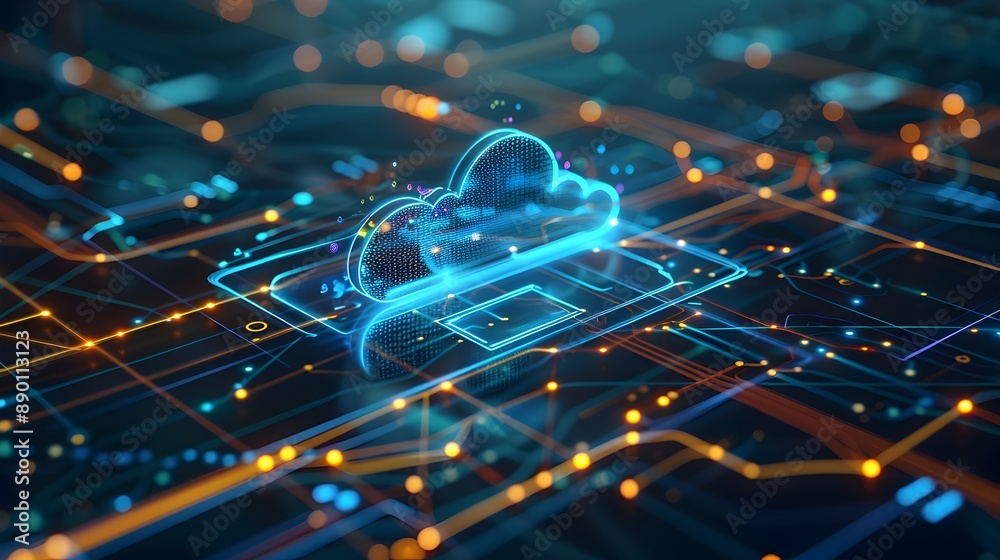 Poster glowing digital mesh representing cloud computing data transfer