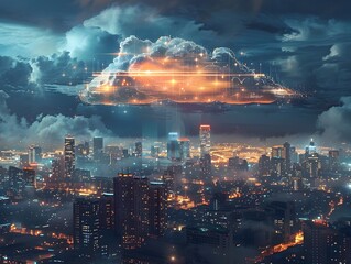 Futuristic Cityscape with Massive Cloud Symbolizing Cloud Computing