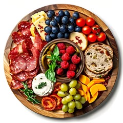Fototapeta premium A round wooden platter overflowing with colorful fruits and vegetables sits on a rustic wooden table. There is a wedge of cheese and a bunch of grapes in the center, surrounded by slices of tomato.