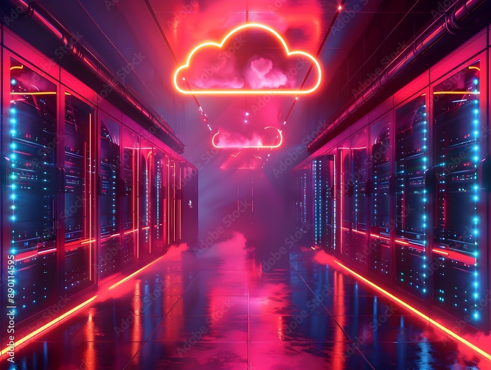 Poster futuristic glowing cloud data center with automated server systems for advanced cloud computing conc