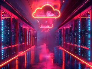 Futuristic Glowing Cloud Data Center with Automated Server Systems for Advanced Cloud Computing Concept