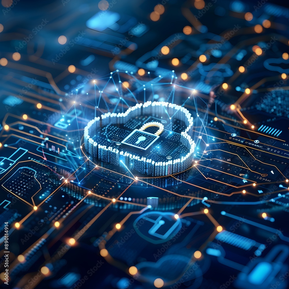 Poster cloud security interface with encrypted data streams and lock icons emphasizing data protection and 