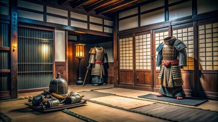 Abandoned samurai armor resting against the wall of an ancient, dimly lit dojo, with intricate tatami mats and paper sliding doors in the background.