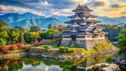 Fototapeta premium Historic Japanese castle perched on a rocky hill, surrounded by a deep moat and lush gardens, with distant mountains providing a dramatic backdrop.