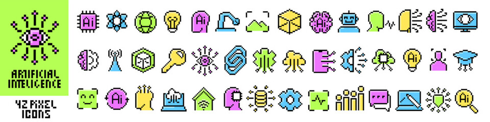 Artificial intelligence icon set. Technology symbol. Pixel style.