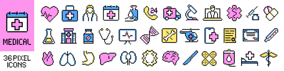 Obraz premium Medical icon. Medical icon set. Pixel style.