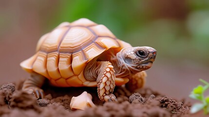 Naklejka premium A baby turtle is laying on the ground. The turtle is small and brown