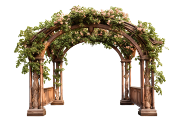 A Wooden Archway Covered in Blossoming Vines on a Clear PNG or White Background.