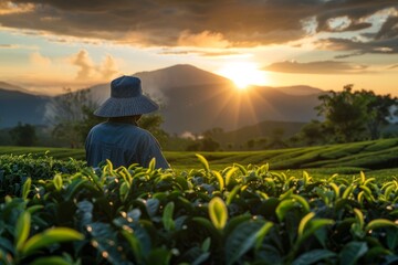 Fototapeta premium Asian tea farmer at sunrise, starting work early in the morning, Generative AI