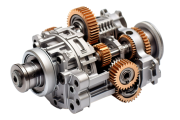 A Symphony of Gears: A Close-Up Look at a Complex Automotive Transmission System on a Clear PNG or White Background.