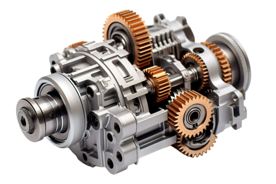 A Symphony of Gears: A Close-Up Look at a Complex Automotive Transmission System on a Clear PNG or White Background.