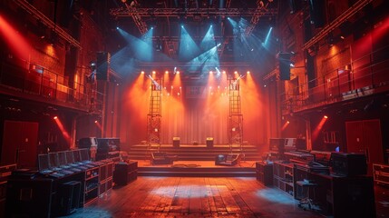 A Live stage production being built in a center stage type venue.