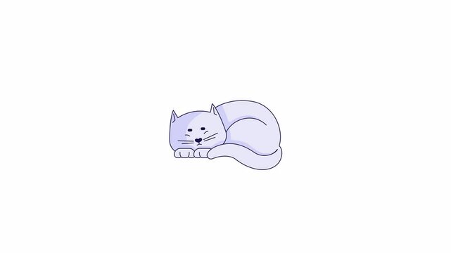 Sleeping white cat 2D character animation. Lazy animal domestic. Sleepy pet purebred feline flat color cartoon 4K video, alpha channel. Napping kitten animated animal on white background