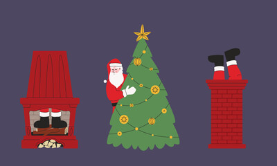 Obraz premium Santa Claus in the house. Set of Christmas illustrations in doodle style.