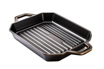 Black Cast Iron Grill Pan With Copper Accents Ready for Grilling on a Clear PNG or White Background.