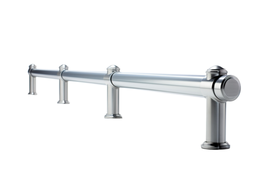 A Polished Metal Railing Extends Across a White Background on a Clear PNG or White Background.