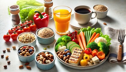 Close-up of a healthy meal, symbolizing balanced nutrition  with coffee on the side. 
