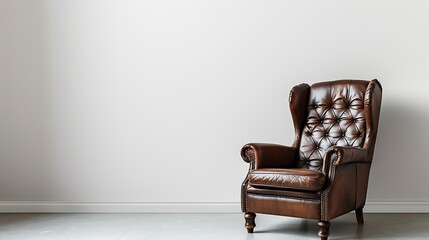 Leather tufted recliner chair against white wall with copy space. home interior design of modern living room
